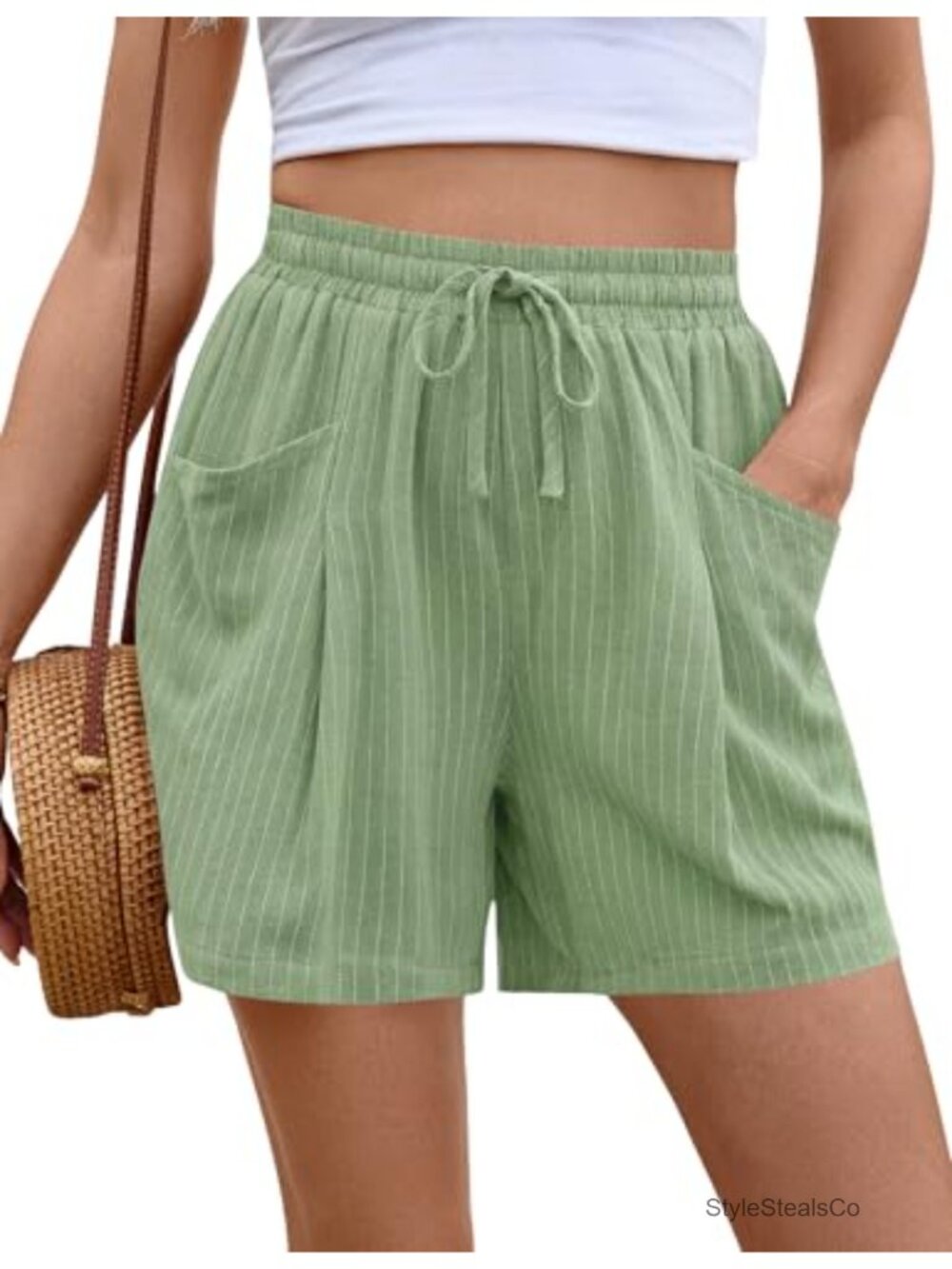 Women's Linen Wide Leg Shorts with Pockets High Rise Drawstring Summer Casual